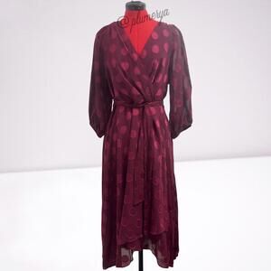 DKNY Women's Burgundy Polka Dot Long Bell Sleeve Wrap Dress Plus Size 16